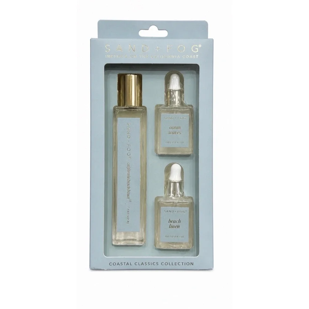 SAND + FOG California Beach House Linen Spray & Clean Waves Diffuser Oils NIB